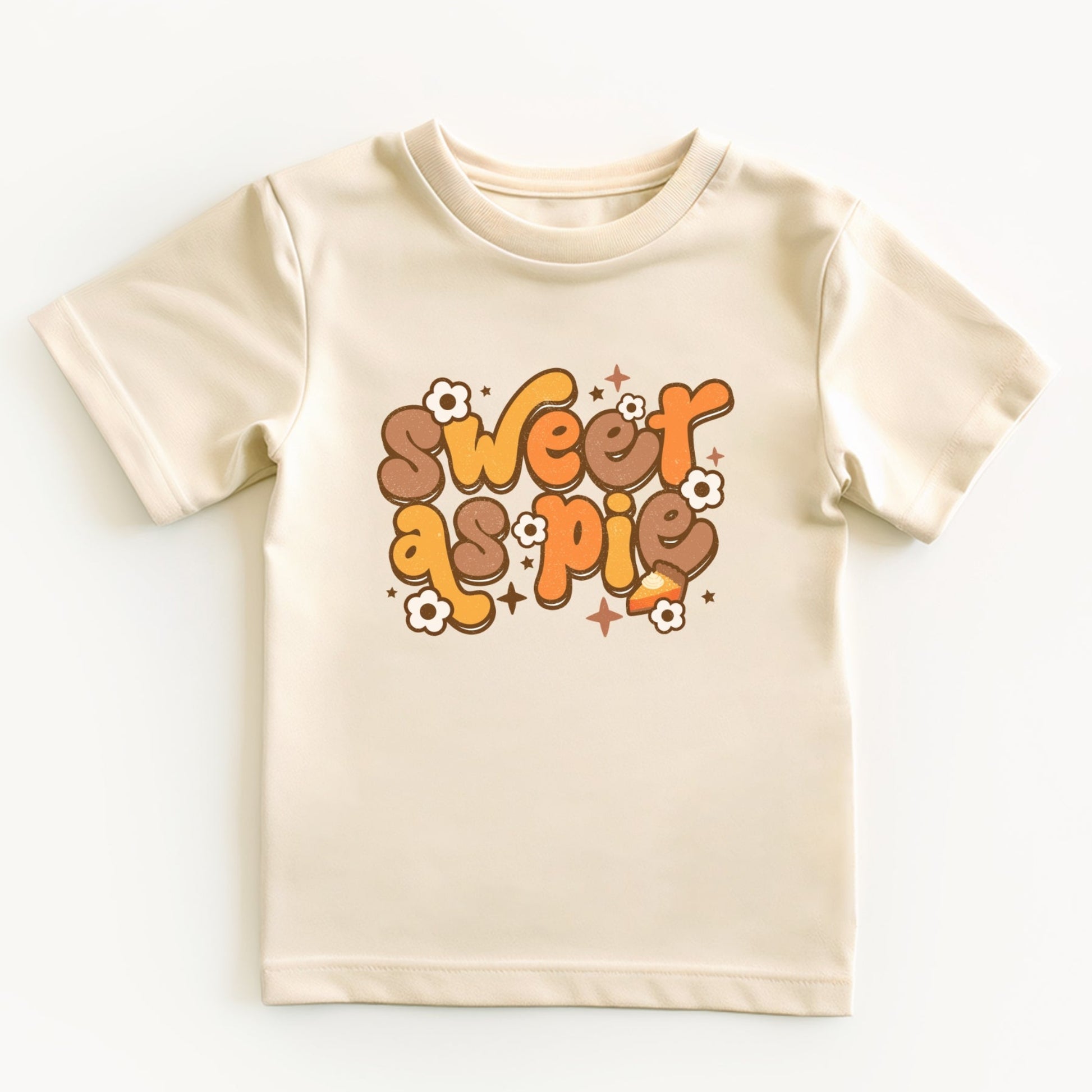 Beige t-shirt with 'sweet as pie' text on a white background