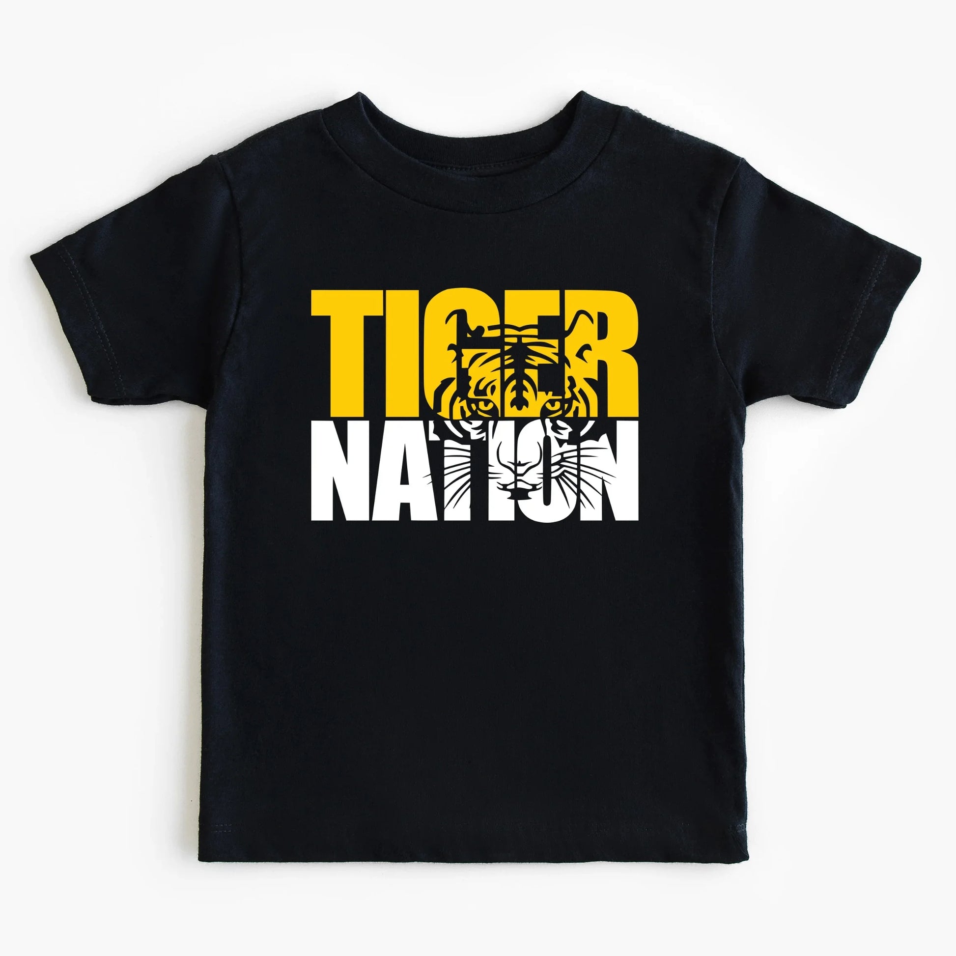 Black t-shirt with 'Tiger Nation' text and tiger graphics on a white background