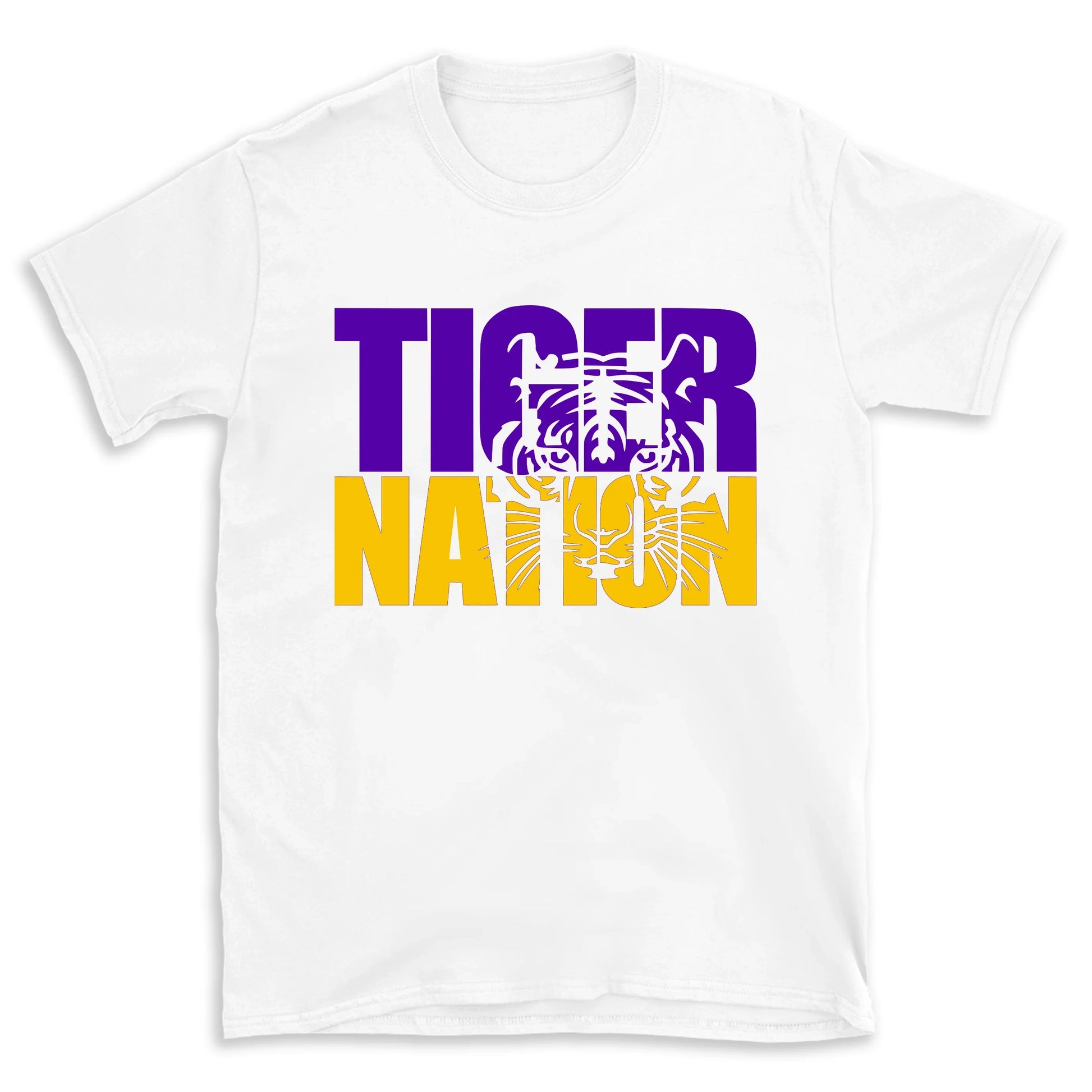 White t-shirt with 'Tiger Nation' text in purple and yellow on a white background