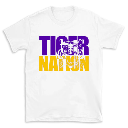 White t-shirt with 'Tiger Nation' text in purple and yellow on a white background