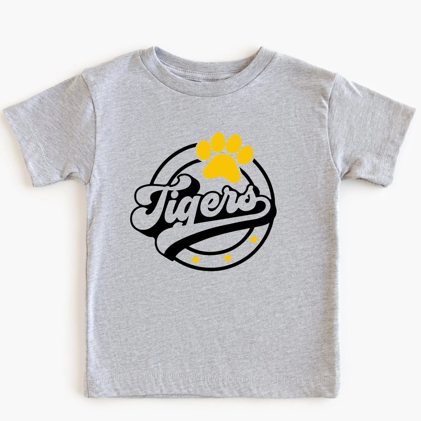 Gray t-shirt with missouri 'Tigers' logo featuring a paw print on a white background