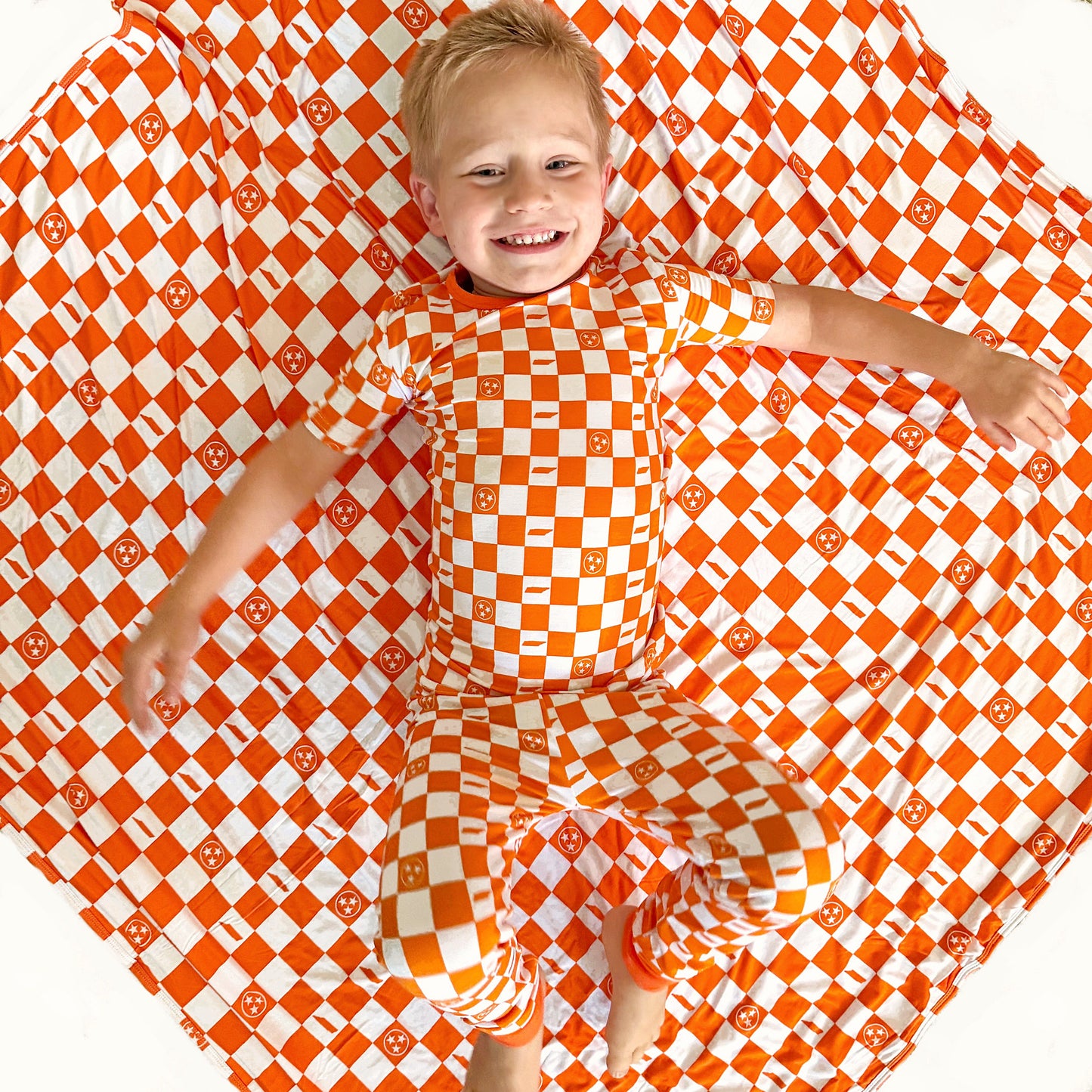Orange and White Checkerboard- Bamboo short sleeve pajama set- Toddler and big kid