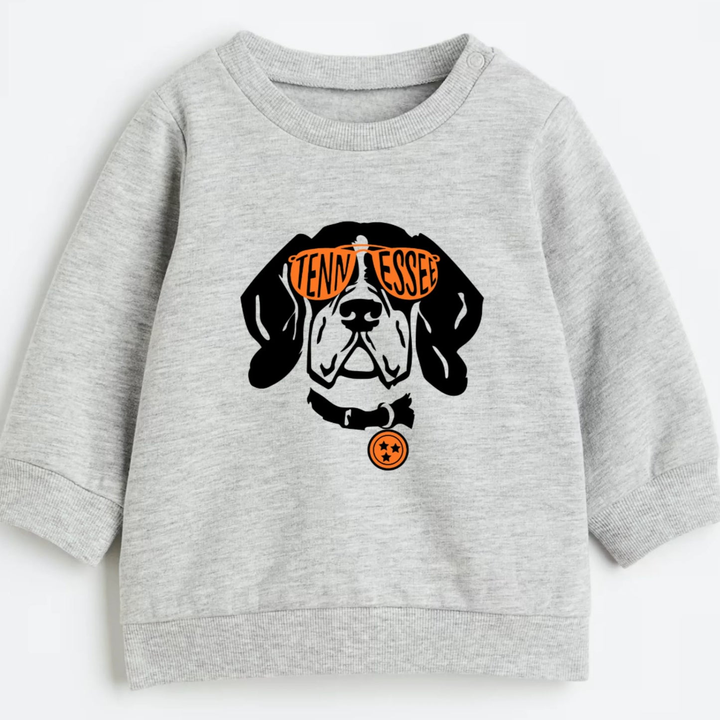 Gray sweatshirt with a dog graphic and 'Danny Essex' text on a white background