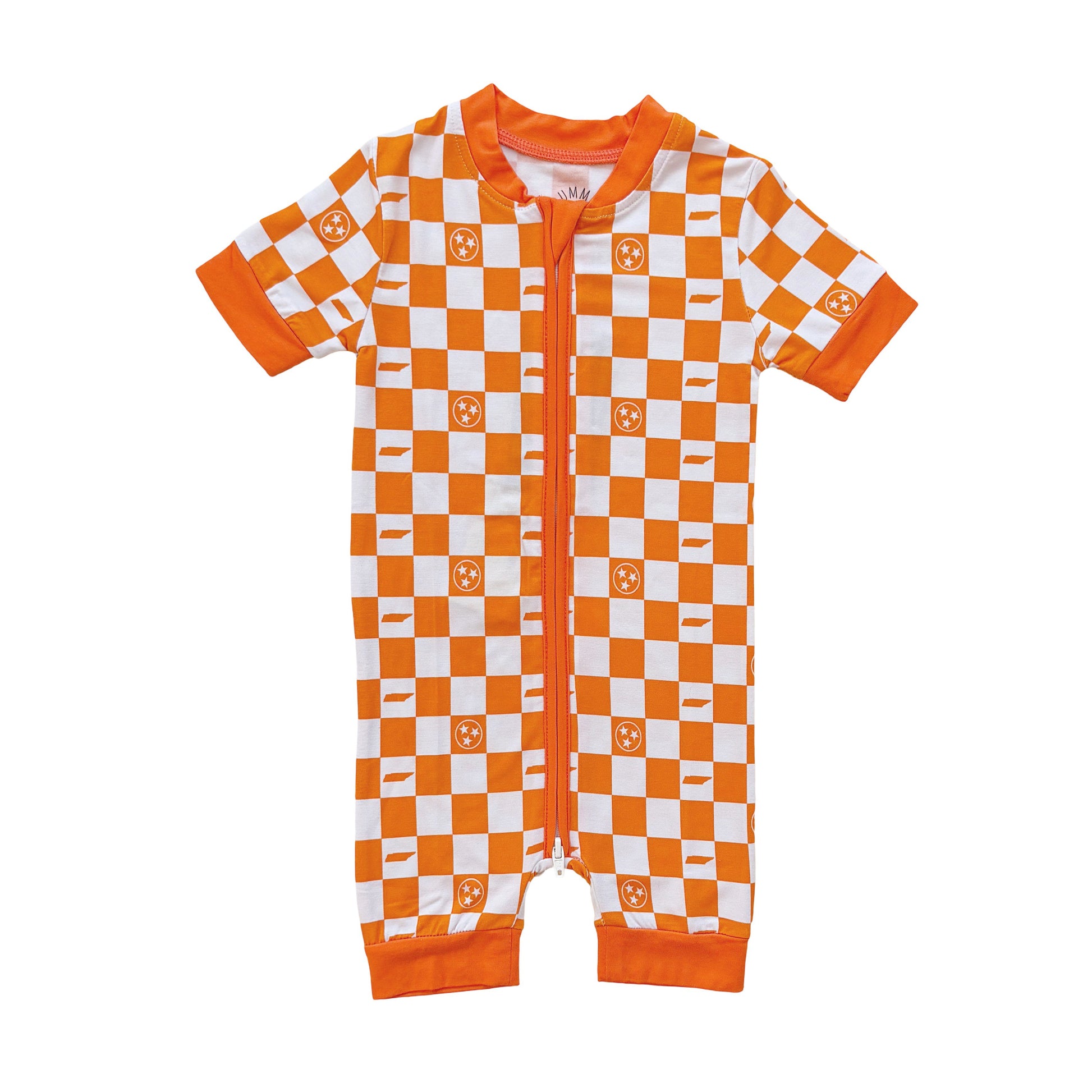 Orange and White Checkerboard- Bamboo shortie zip romper - Summit and Nest