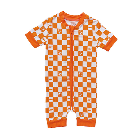 Orange and White Checkerboard- Bamboo shortie zip romper - Summit and Nest
