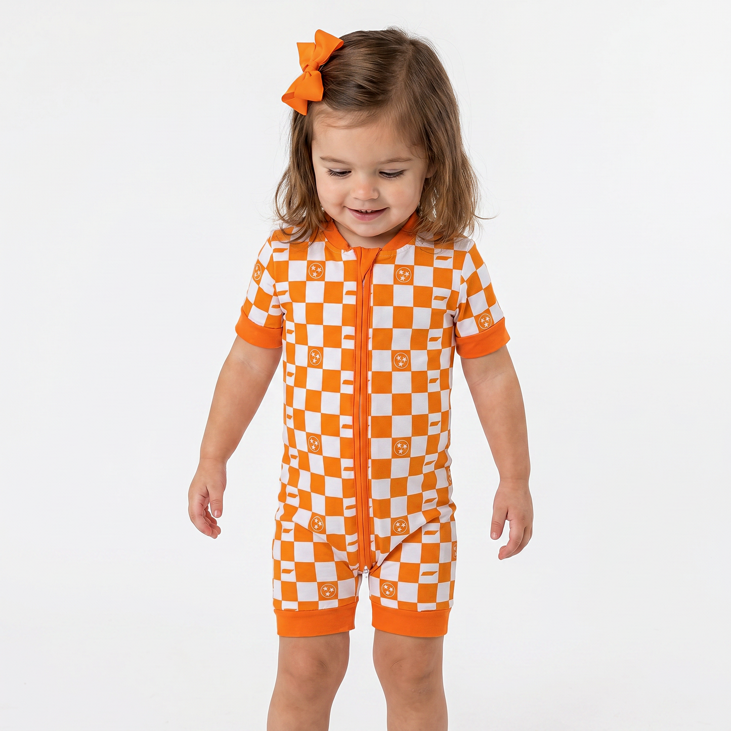 Orange and White Checkerboard- Bamboo shortie zip romper