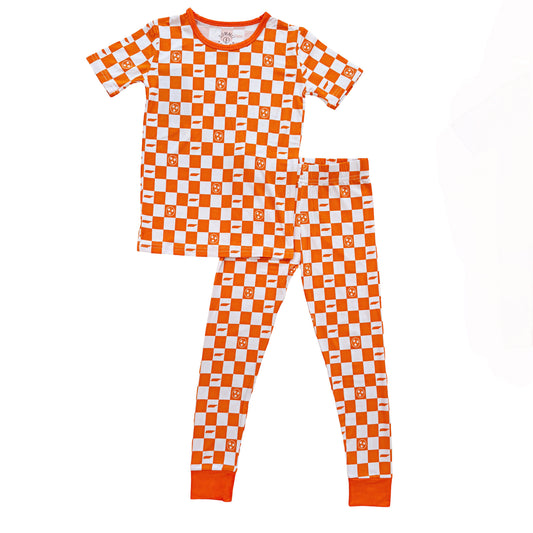Orange and White Checkerboard- Bamboo short sleeve pajama set- Toddler and big kid