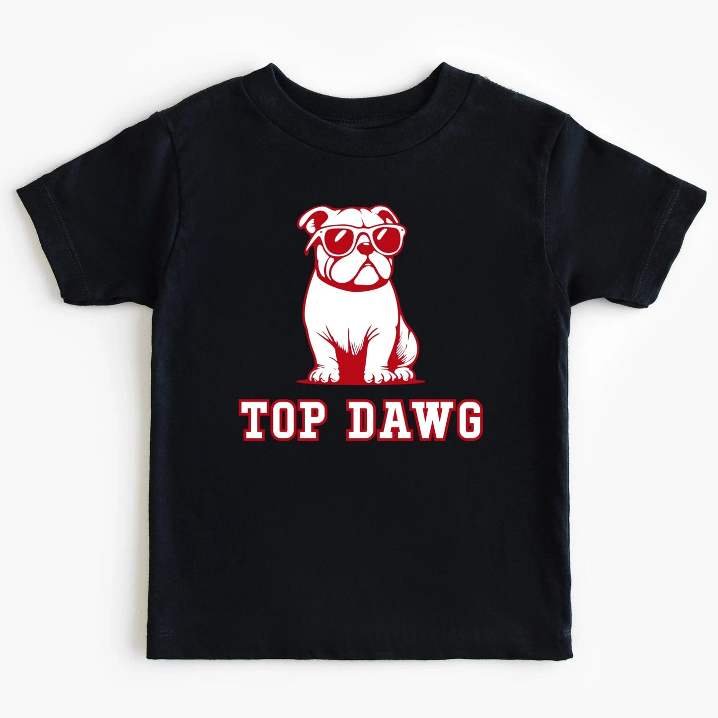 Black t-shirt with a red bulldog graphic and 'TOP DAWG' text on a white background