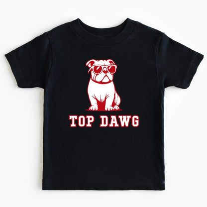 Black t-shirt with a red bulldog graphic and 'TOP DAWG' text on a white background