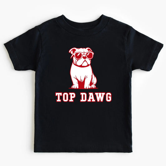 Black t-shirt with a red bulldog graphic and 'TOP DAWG' text on a white background