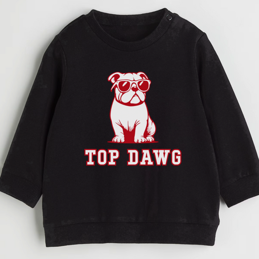 Black sweatshirt with a red bulldog graphic and 'TOP DAWG' text on a light gray background