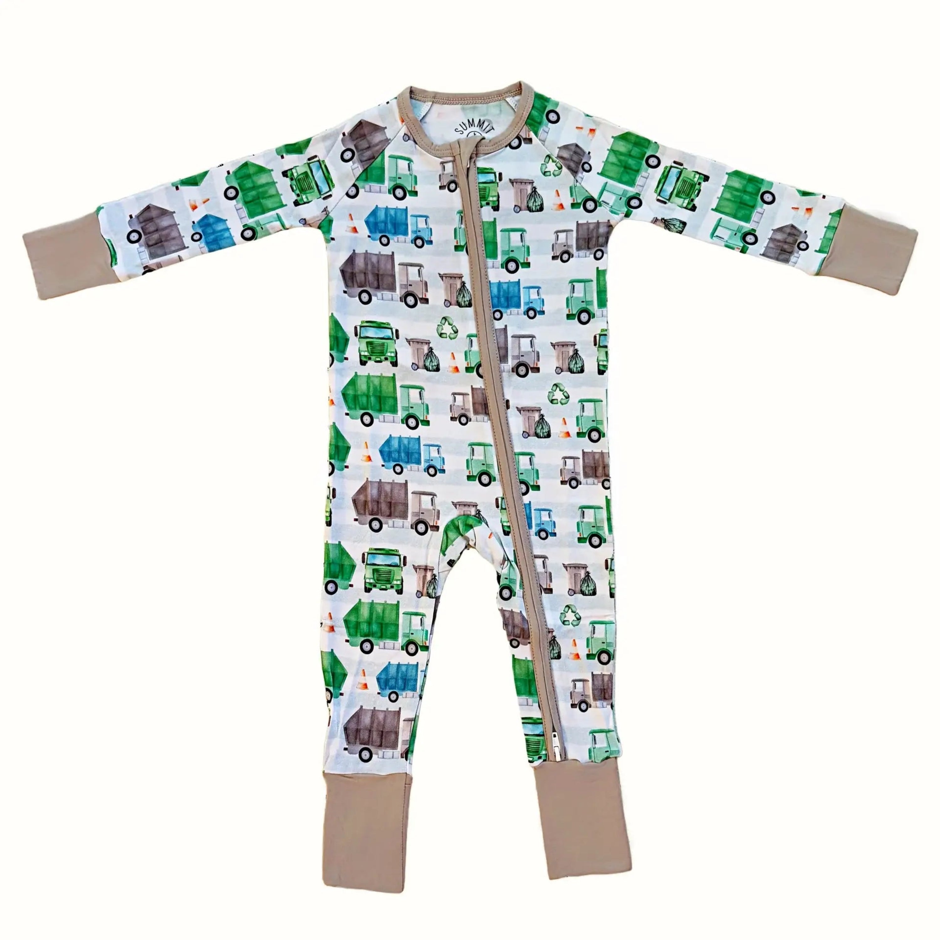 Zippy Baby onesie with trash truck pattern on a white background