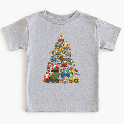 Gray t-shirt with a colorful Christmas tree design of construction vehicles on a white background
