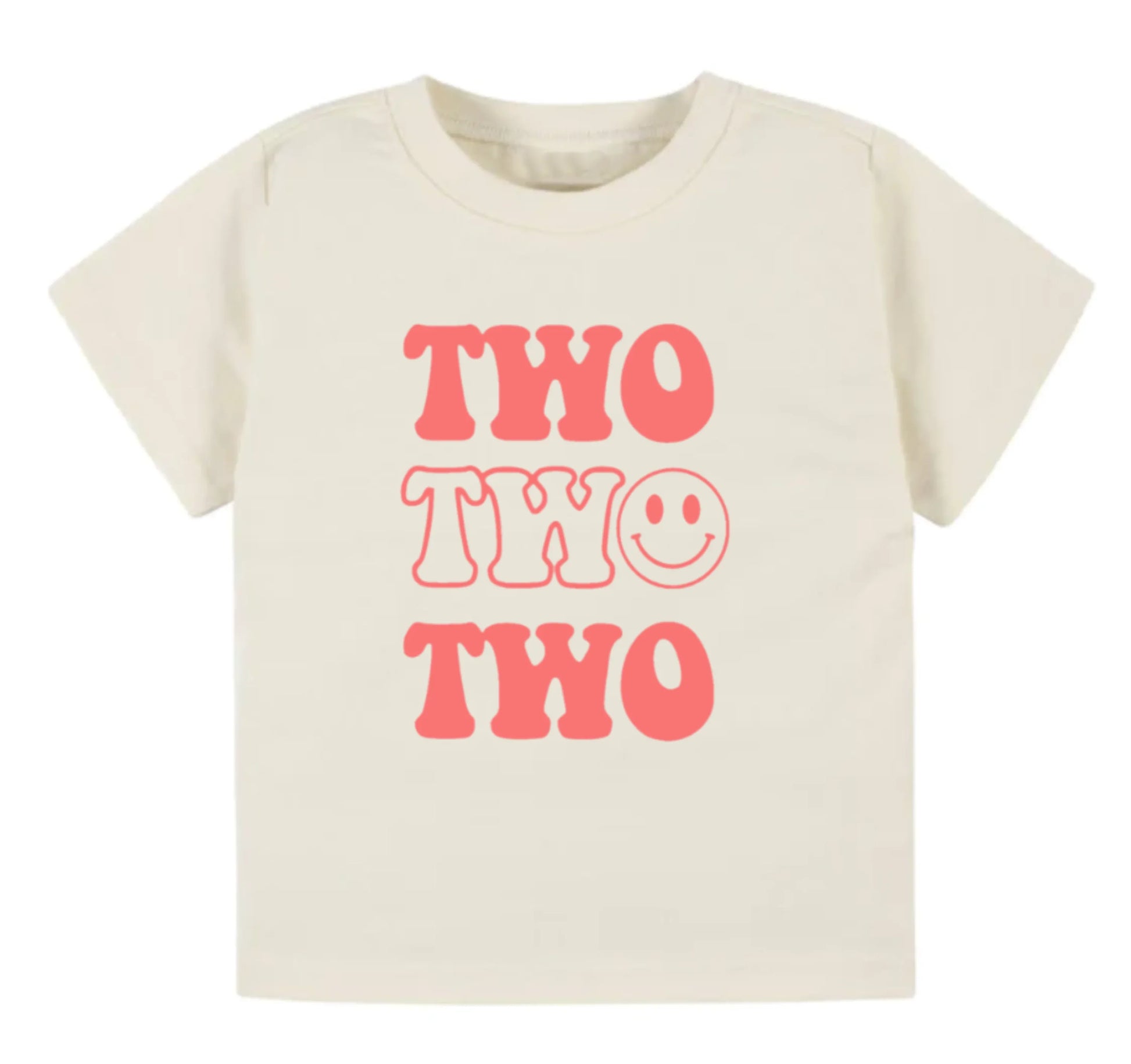 Beige t-shirt with pink 'TWO' text and smiley face on a white background
