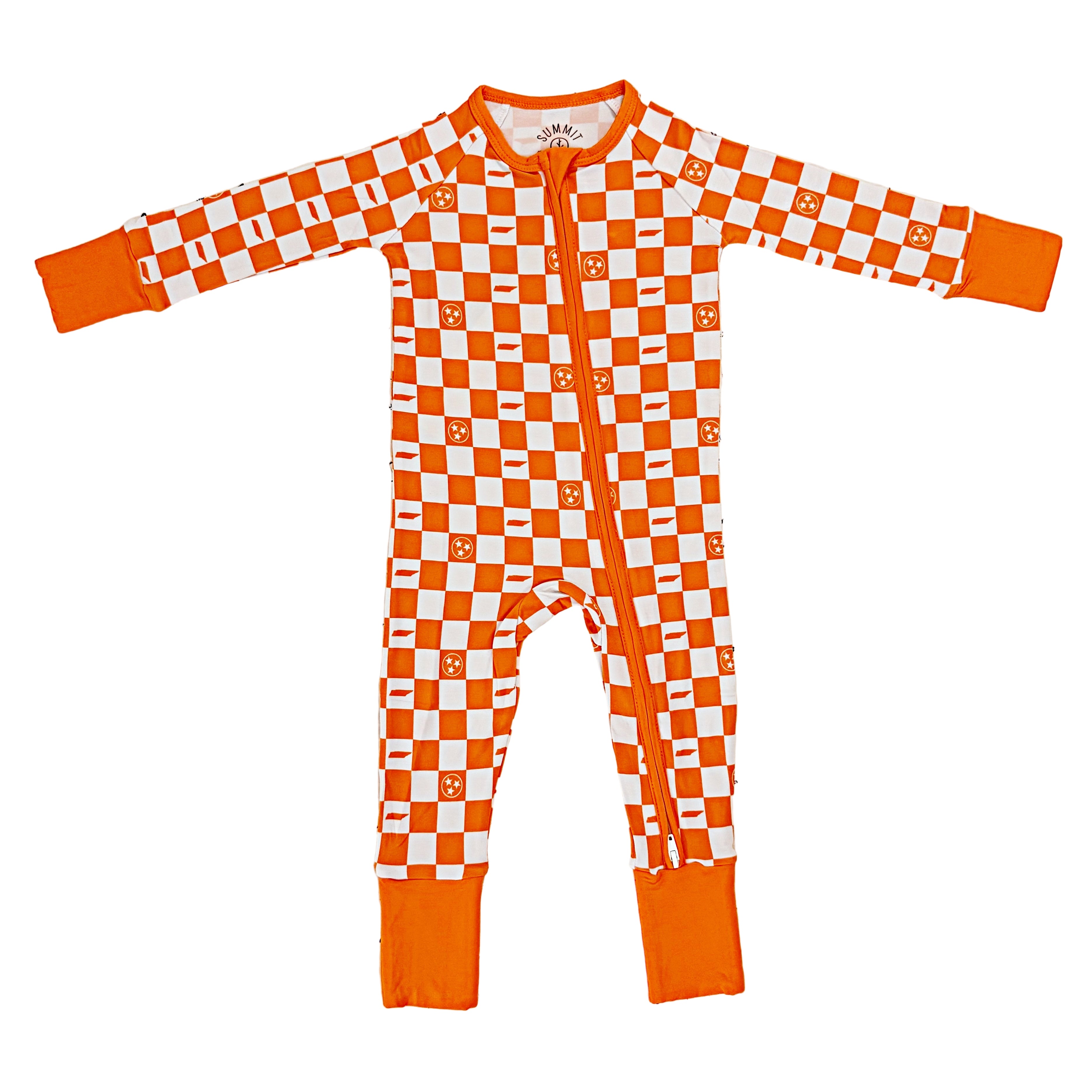 Orange and white  tennessee checkered baby bamboo onesie on a white background