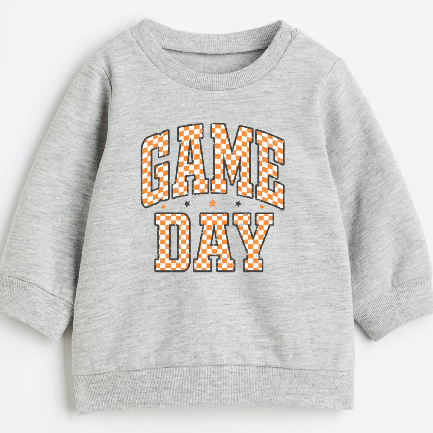 Gray sweatshirt with 'GAME DAY' text in orange on a white background