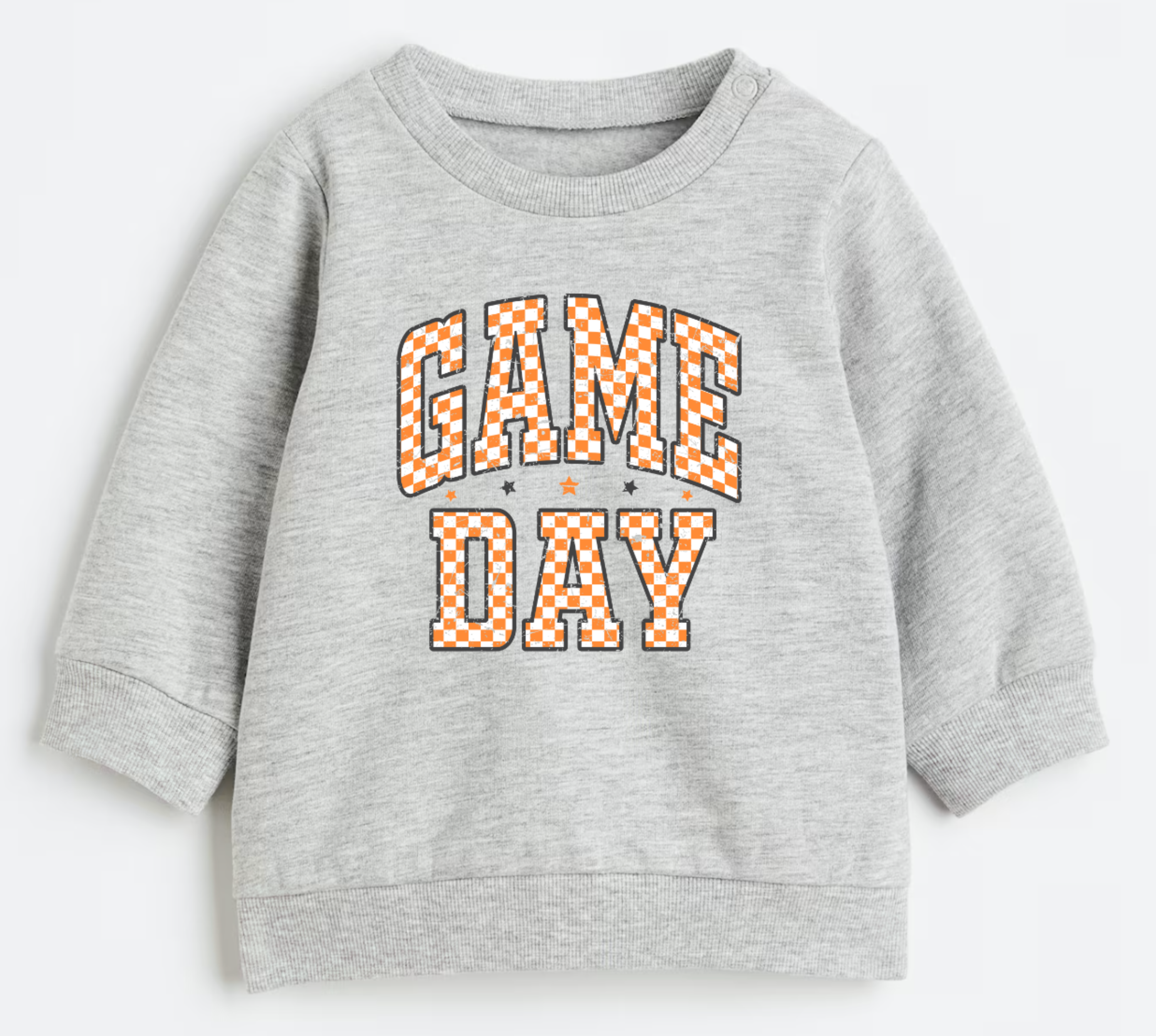 Gray sweatshirt with 'GAME DAY' text in orange on a white background